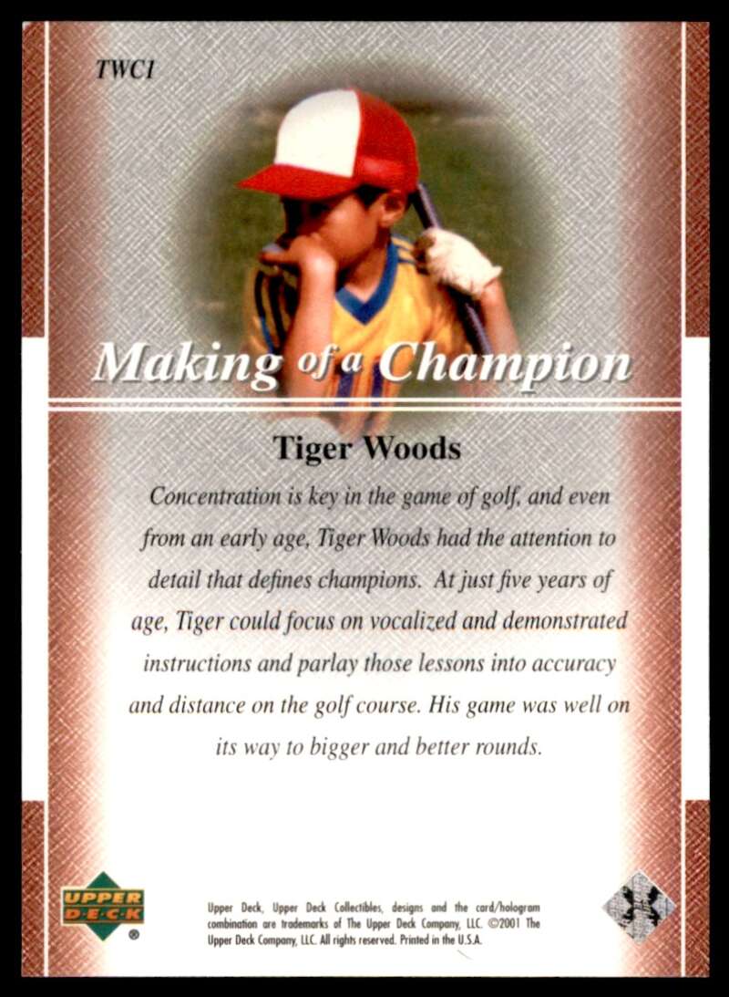 Tiger Woods Rookie Card 2001 Upper Deck Premier Edition Making of a Champion #1 Image 2