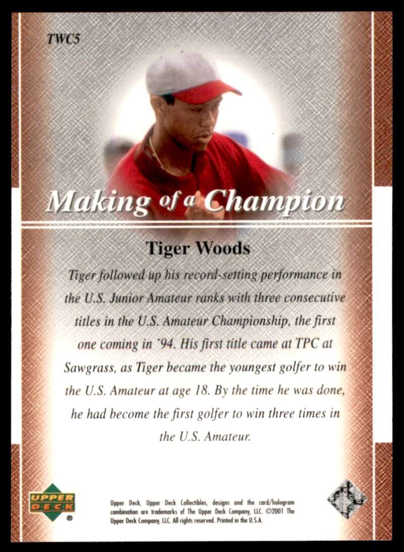 Tiger Woods Rookie Card 2001 Upper Deck Premier Edition Making of a Champion #5 Image 2