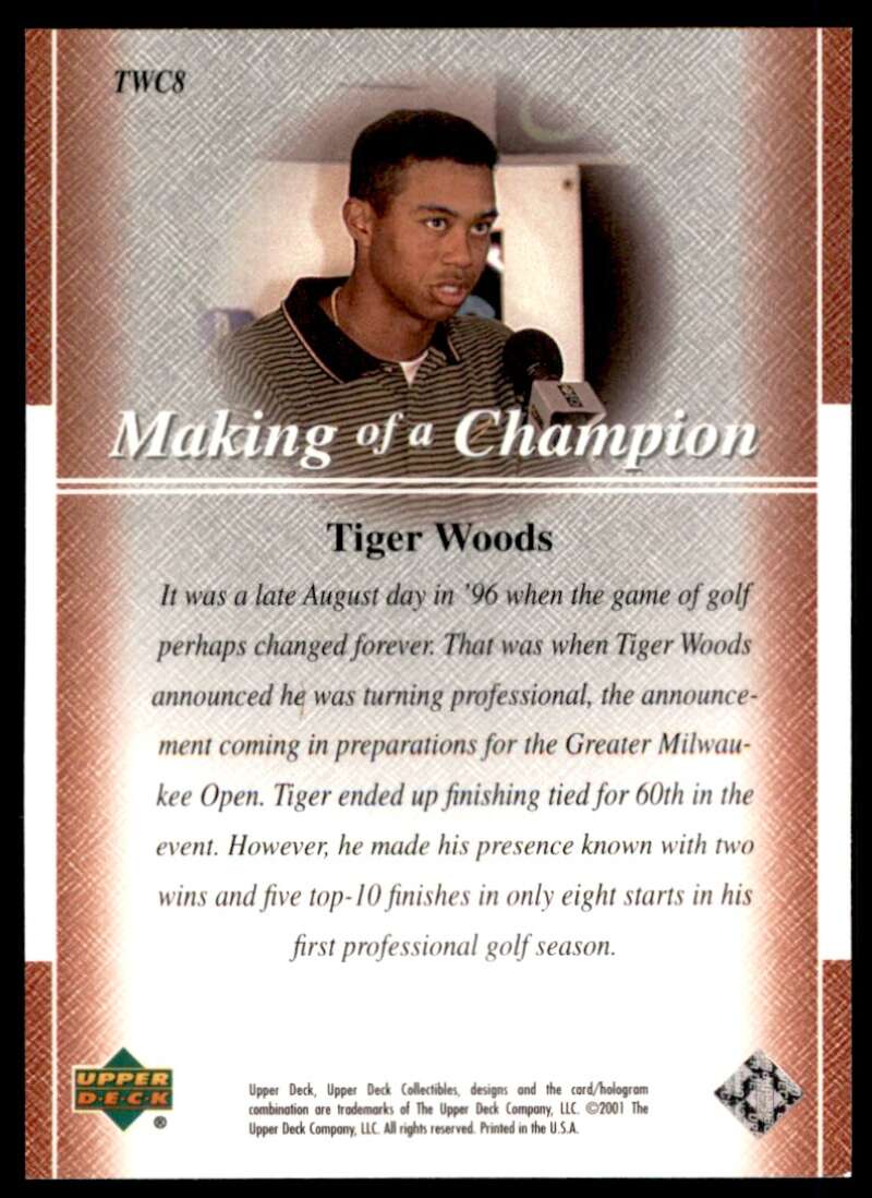 Tiger Woods Rookie Card 2001 Upper Deck Premier Edition Making of a Champion #8 Image 2