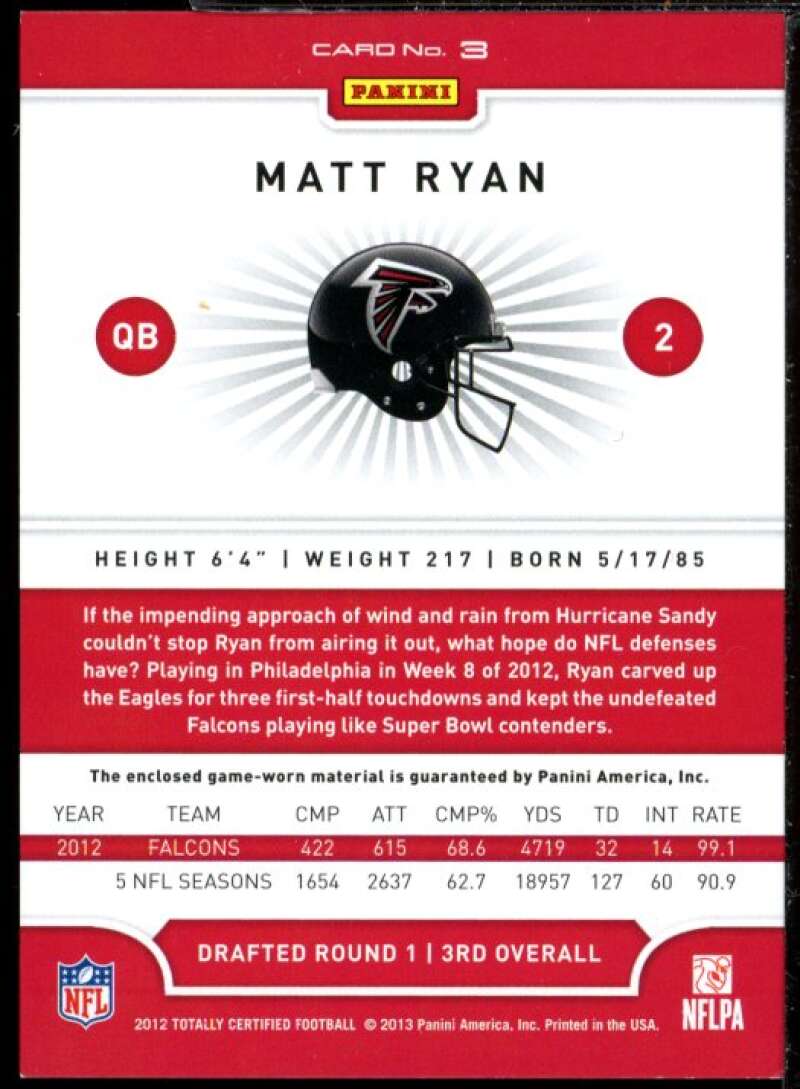 Matt Ryan Card 2012 Panini Totally Certified Platinum Red Jersey Materials #3  Image 2