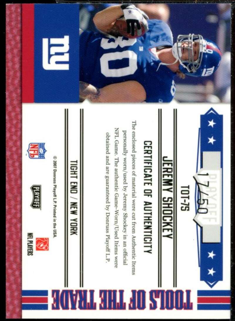 Jeremy Shockey Card 2007 Absolute Memorabilia TOTT Material Prime Jersey #75  Image 2