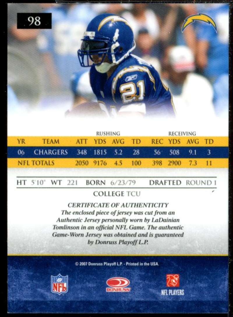 LaDainian Tomlinson Chargers Card 2007 Donruss Gridiron Gear Jerseys O's #98  Image 2