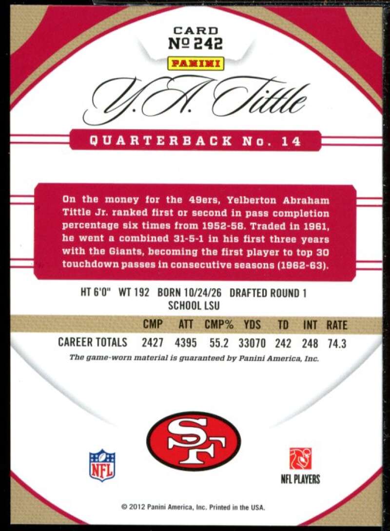 Y.A. Tittle 49ers Card 2012 Certified Mirror Blue Jersey #242  Image 2