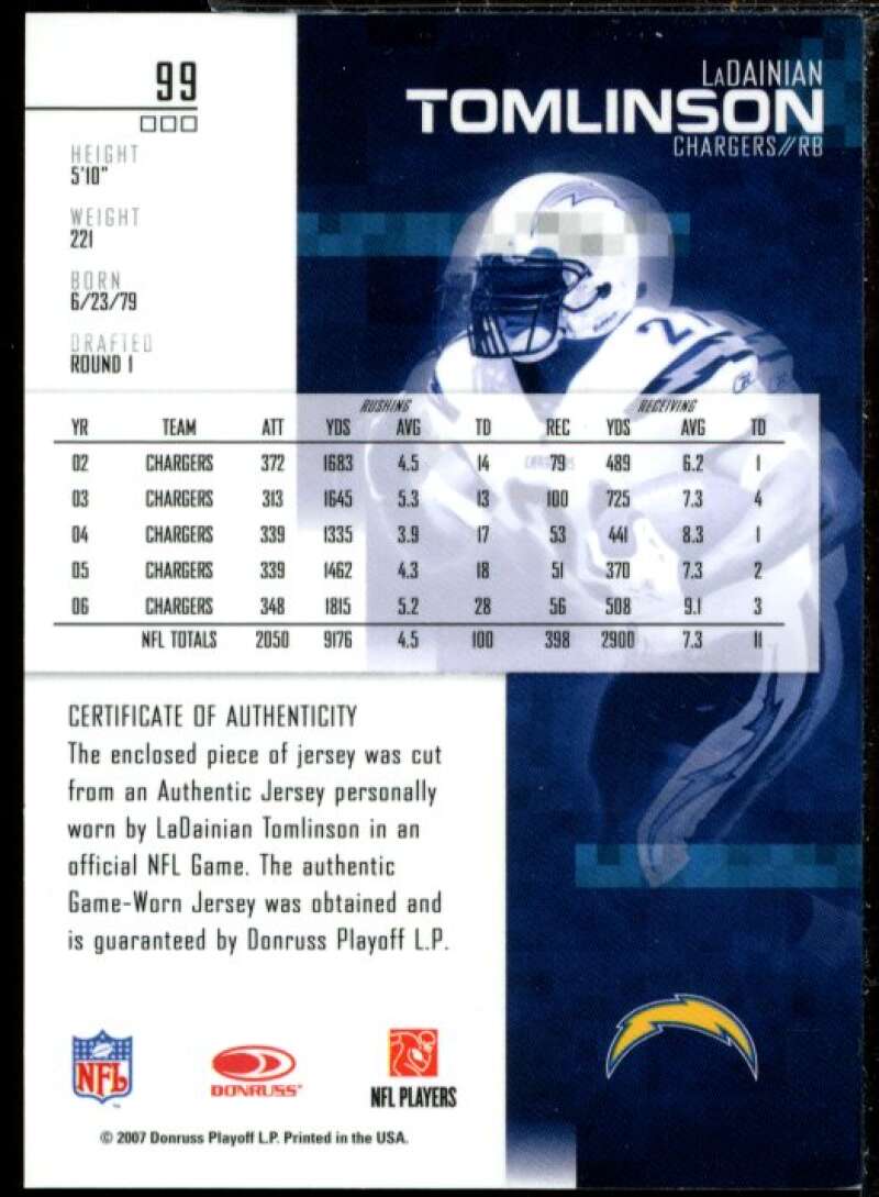 LaDainian Tomlinson 2007 Leaf Rookies and Stars Longevity Material Ruby JSY #99  Image 2