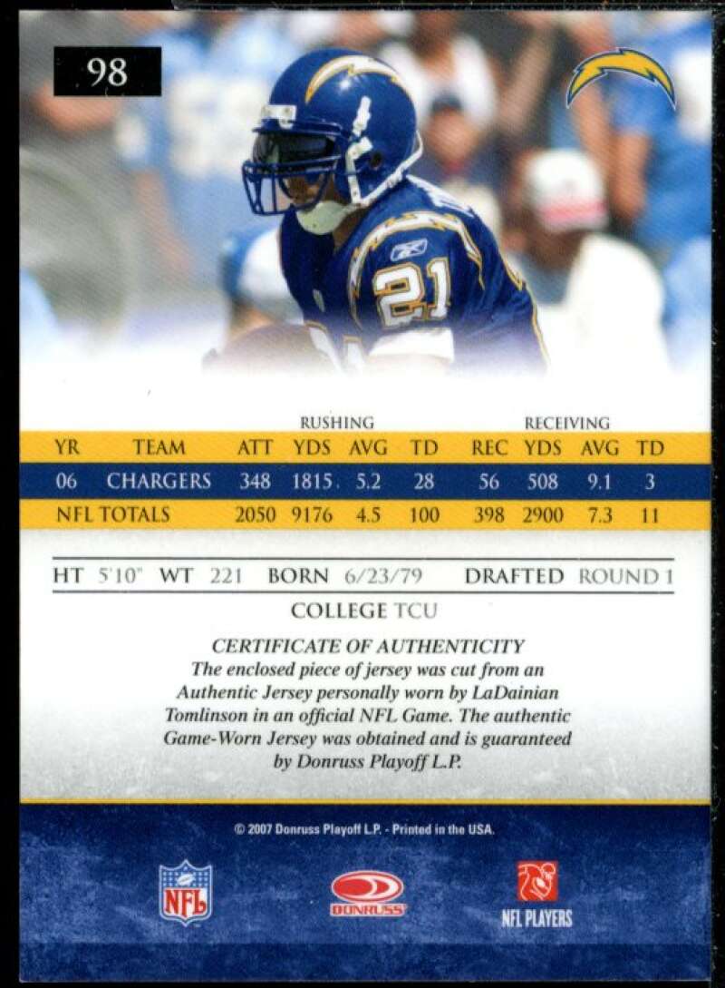 LaDainian Tomlinson Chargers Card 2007 Donruss Gridiron Gear Jerseys X –