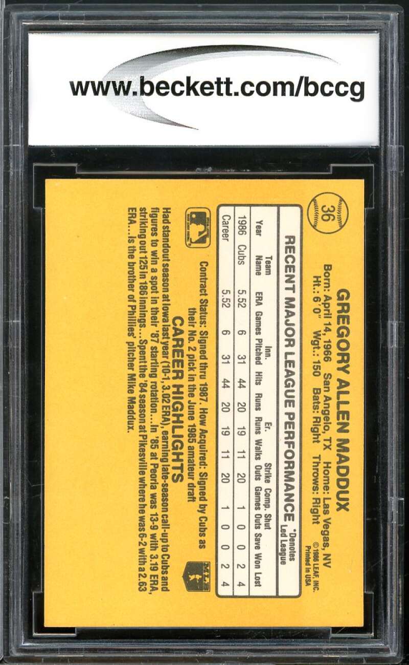 1987 Donruss #36 Greg Maddux Rookie Card BGS BCCG 9 Near Mint+ Image 2