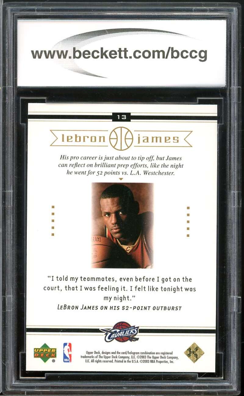 2003 Upper Deck Lebron James Box Set #13 Lebron James Rookie BGS BCCG 10 Mint+ Image 2