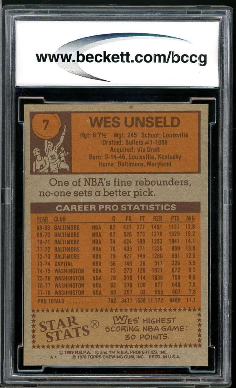 1978-79 Topps #7 Wes Unseld Card Card BGS BCCG 10 Mint+ Image 2