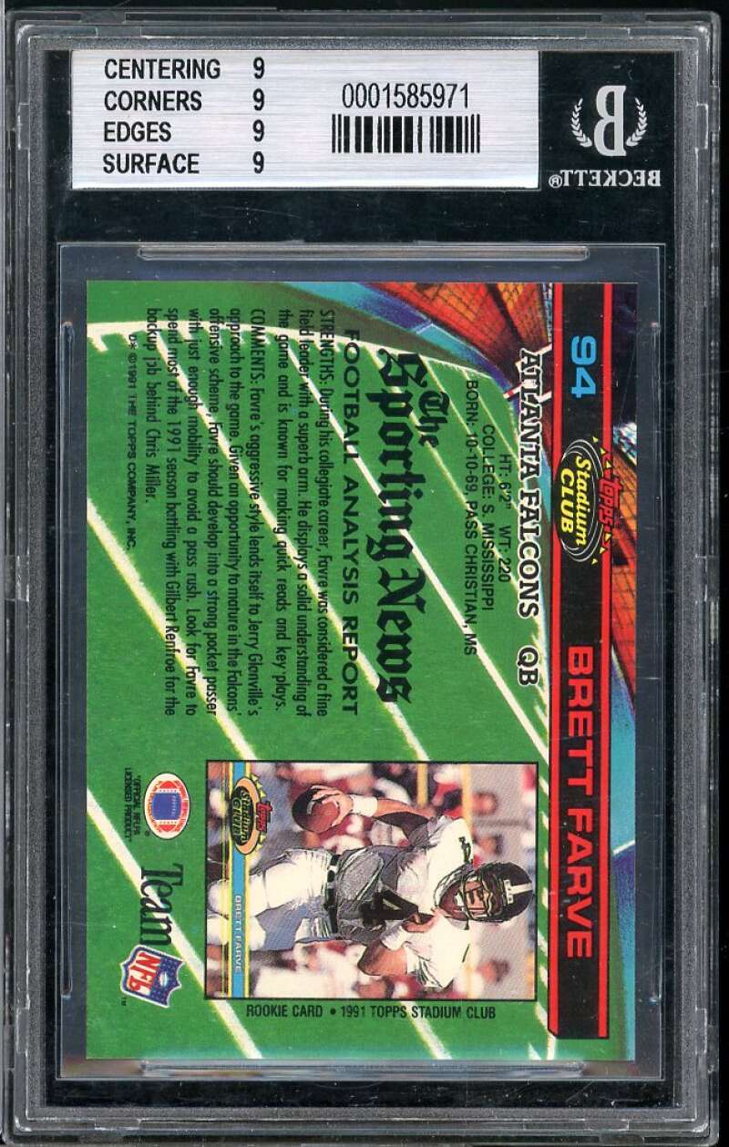 Brett Favre Rookie Card 1991 Stadium Club #94 BGS 9 (9 9 9 9) Image 2