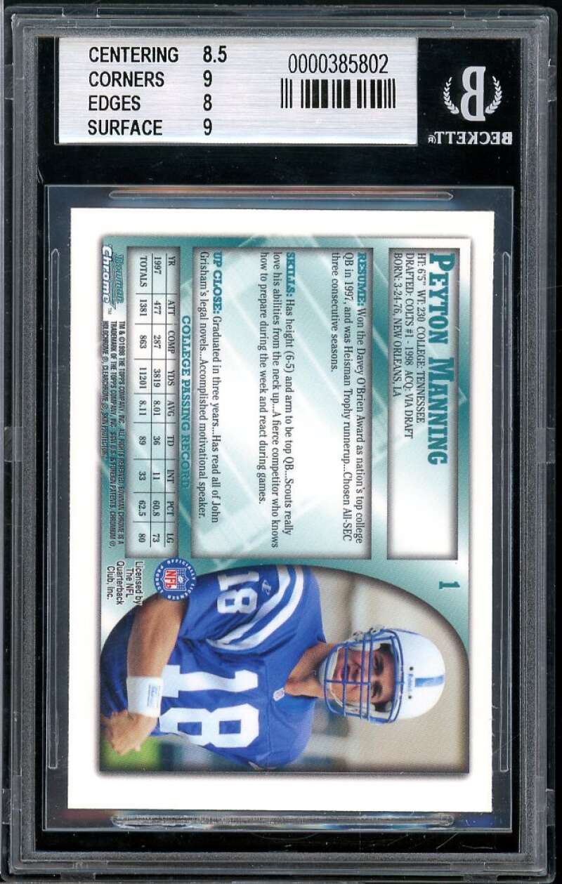 Peyton Manning Rookie Card 1998 Bowman Chrome #1 BGS 8.5 (8.5 9 8 9) Image 2