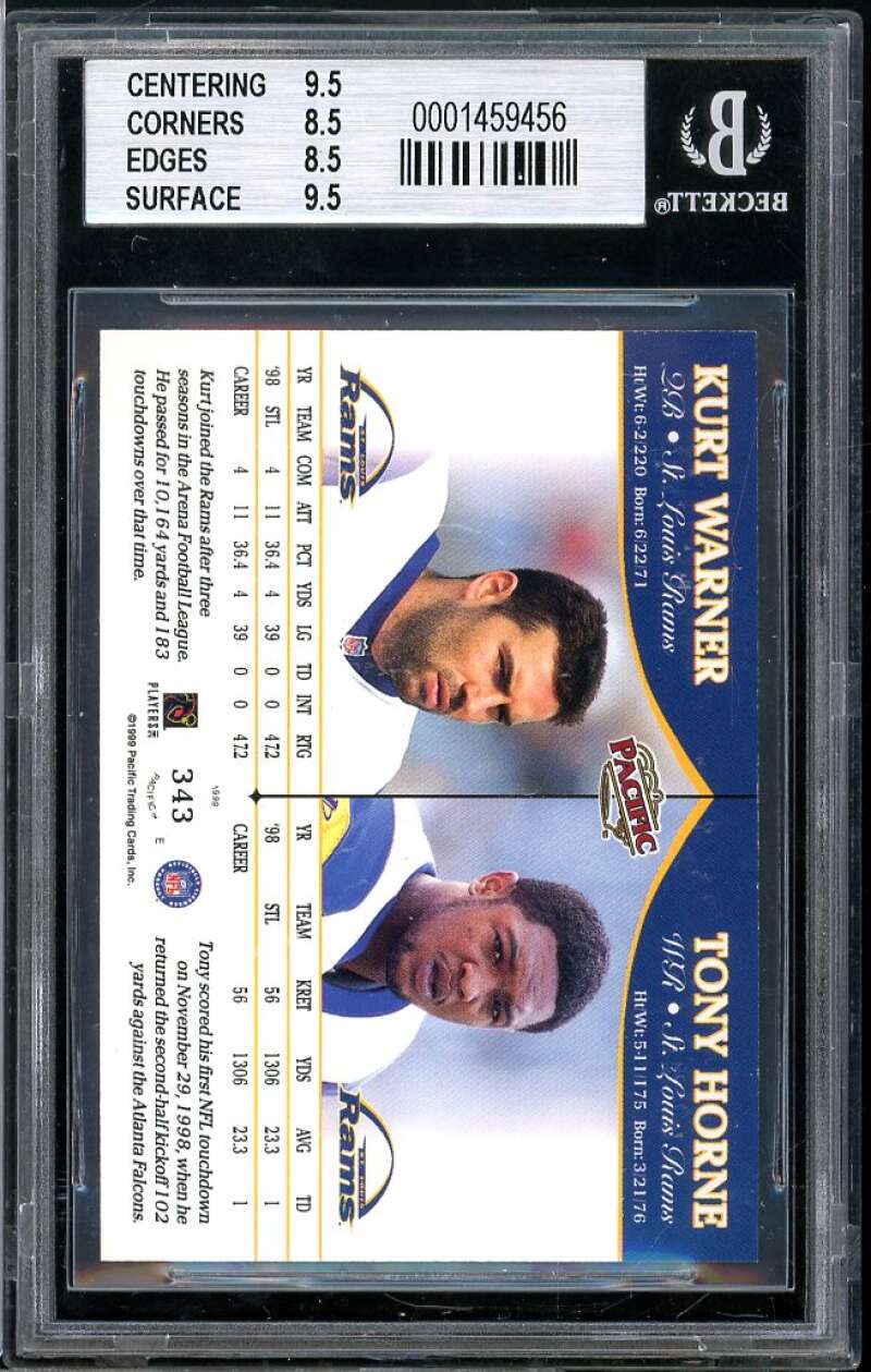 Kurt Warner/Tony Horne Rookie Card 1999 Pacific #343 BGS 8.5 (9.5 8.5 8.5 9.5) Image 2