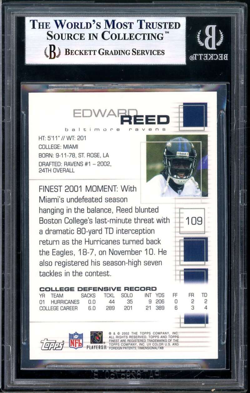 Ed Reed Rookie Card 2002 Finest #109 BGS 9 Image 2