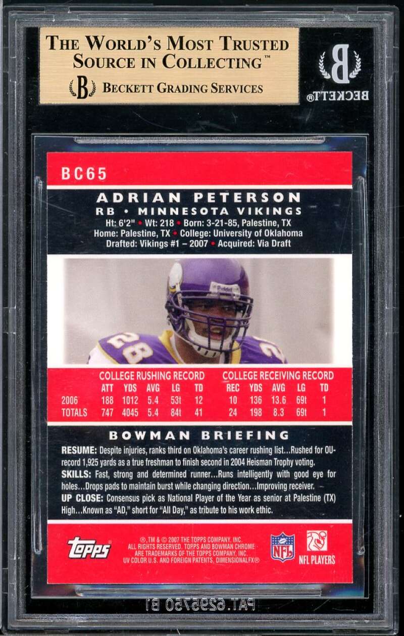 Adrian Peterson Rookie Card 2007 Bowman Chrome #BC65 BGS 9.5 (10 9 9.5 10) Image 2