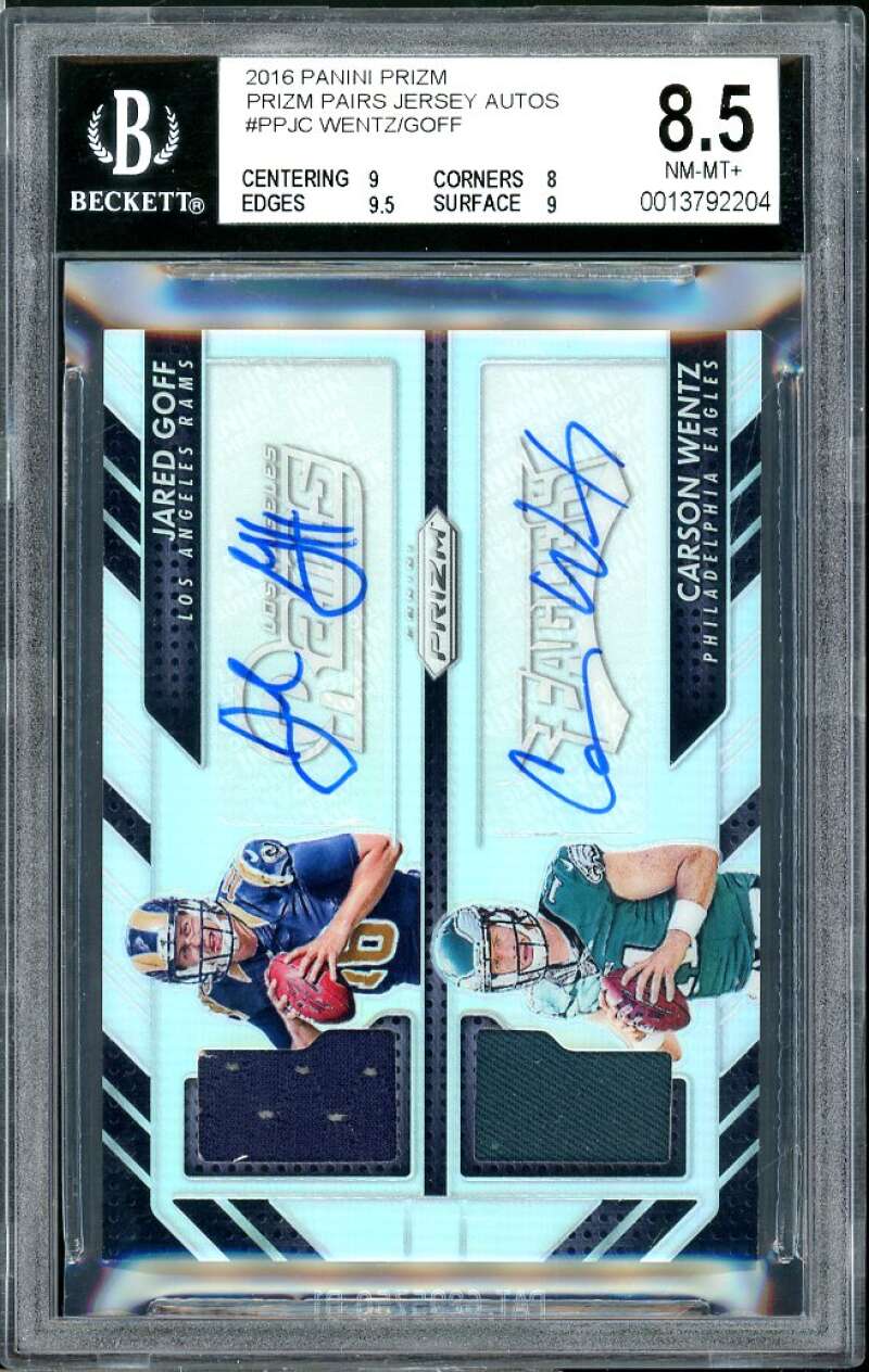 Carson Wentz / Jared Goff RC 2016 Panini Prizm Jersey Autos BGS 8.5 (9 8 9.5 9) Image 1