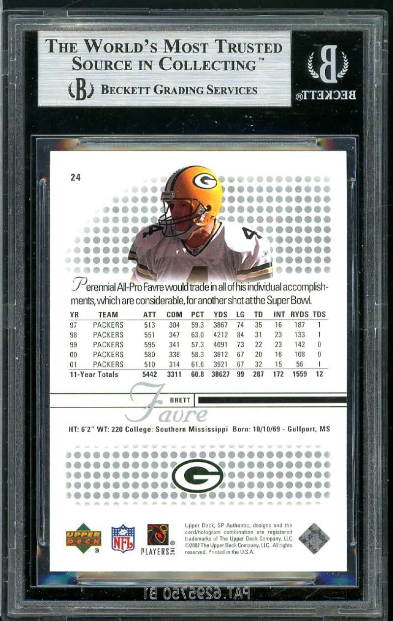 Brett Favre Card 2002 SP Authentic #24 BGS 9 (10 8.5 9 9) Image 2