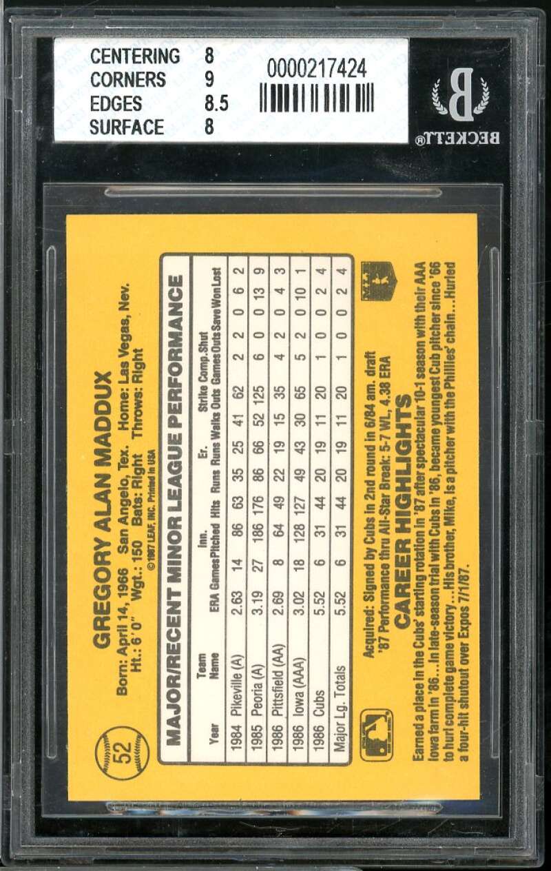 Greg Maddux Rookie Card 1987 Donruss The Rookies #52 BGS 8 (8 9 8.5 8) Image 2