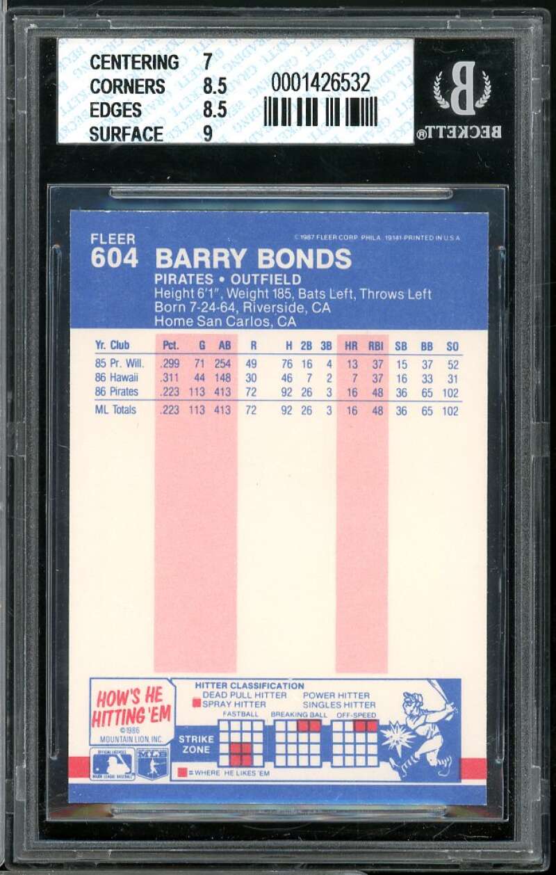 Barry Bonds Rookie Card 1987 Fleer #604 BGS 7.5 (7 8.5 8.5 9) Image 2