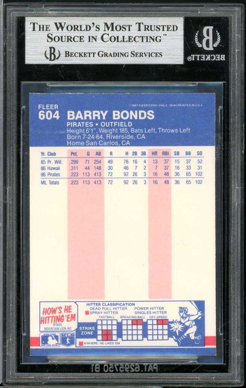 Barry Bonds Rookie Card 1987 Fleer #604 BGS 8.5 (8 9 9 8.5) Image 2