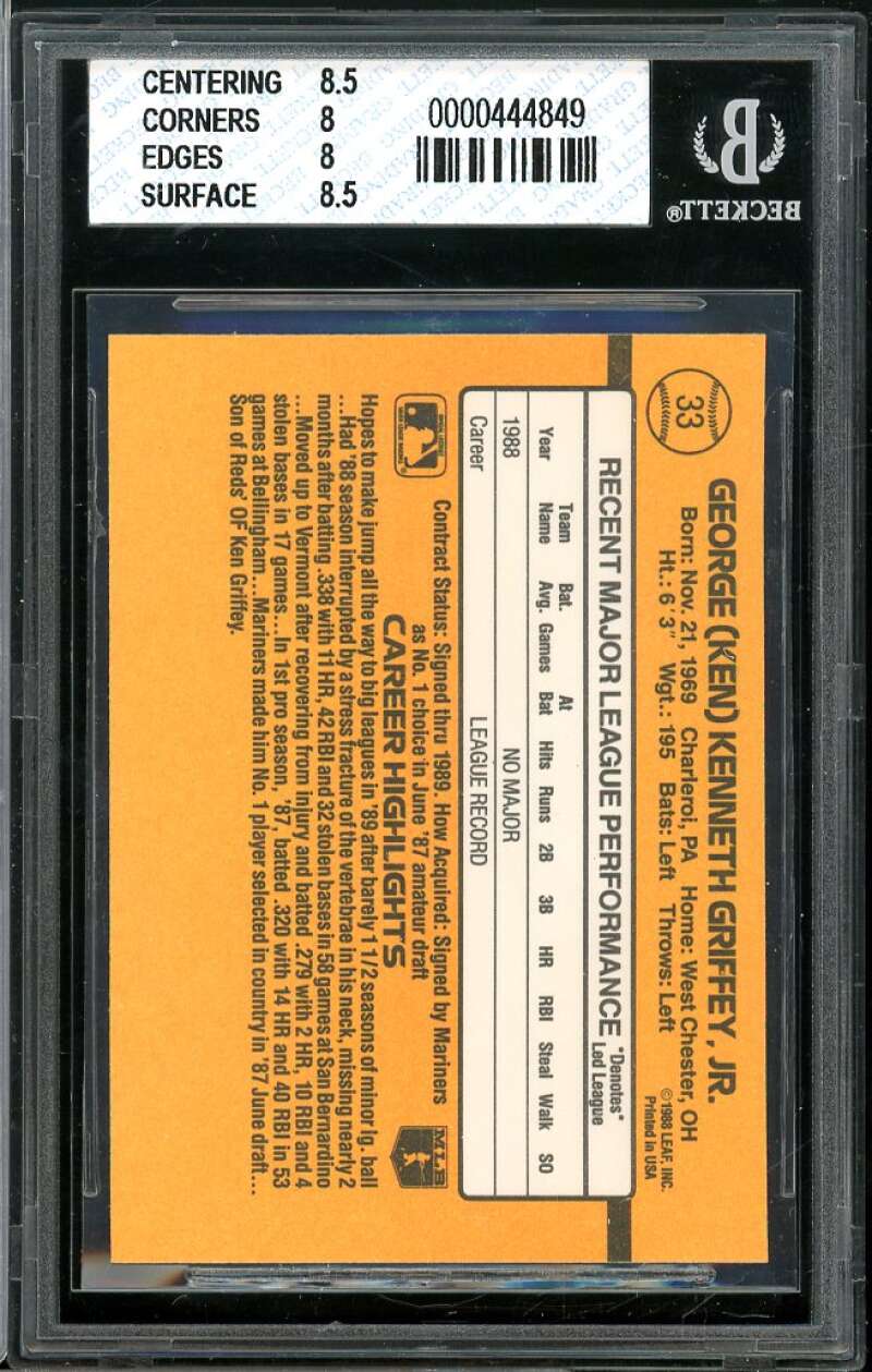 Ken Griffey Jr. Rookie Card 1989 Donruss #33 BGS 8 (8.5 8 8 8.5) Image 2