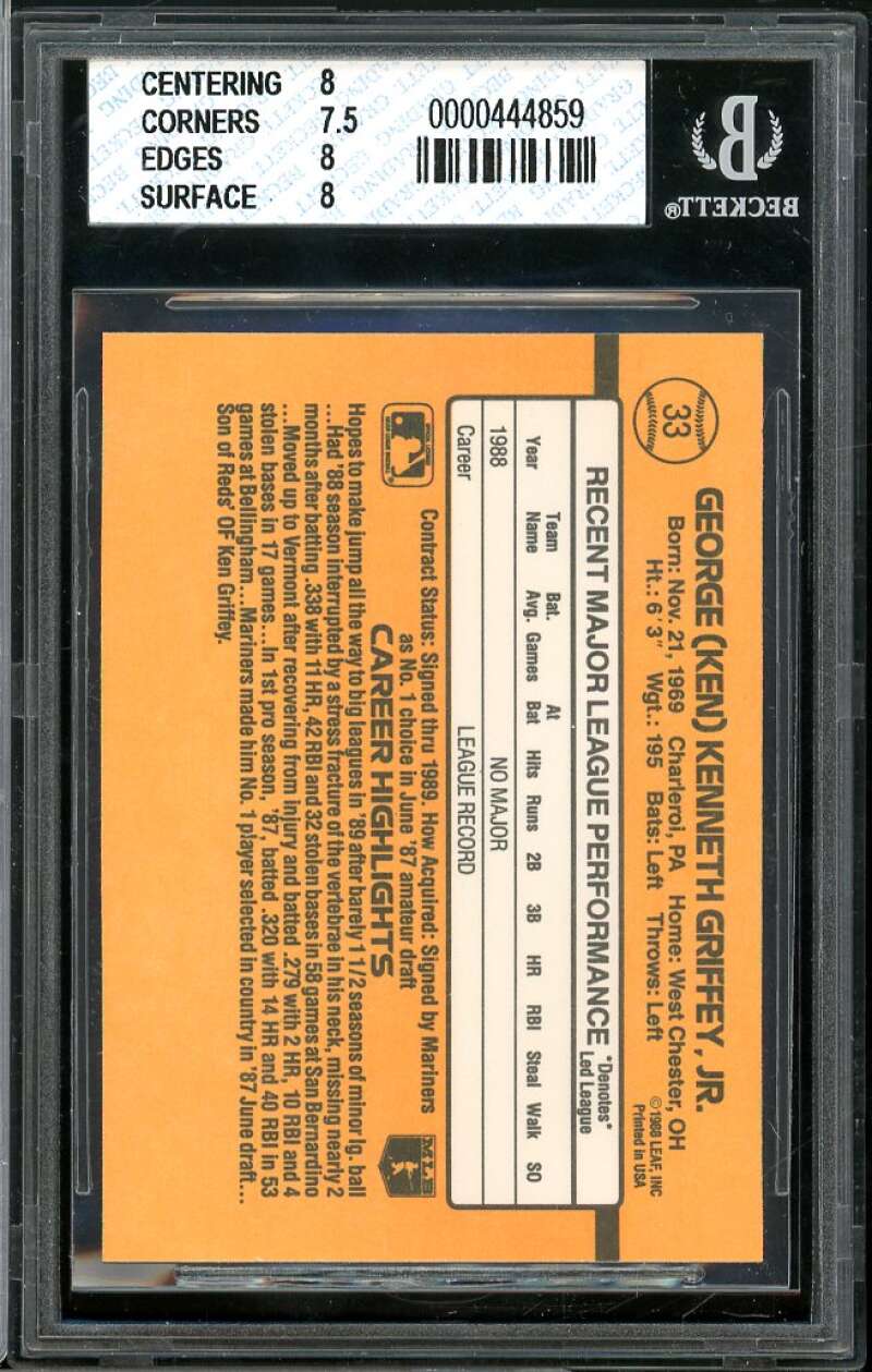 Ken Griffey Jr. Rookie Card 1989 Donruss #33 BGS 8 (8 7.5 8 8) Image 2