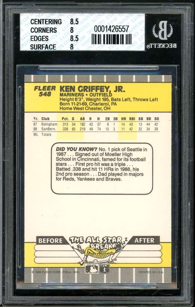 Ken Griffey Jr. Rookie Card 1989 Fleer #548 BGS 8 (8.5 8 8.5 8) Image 2