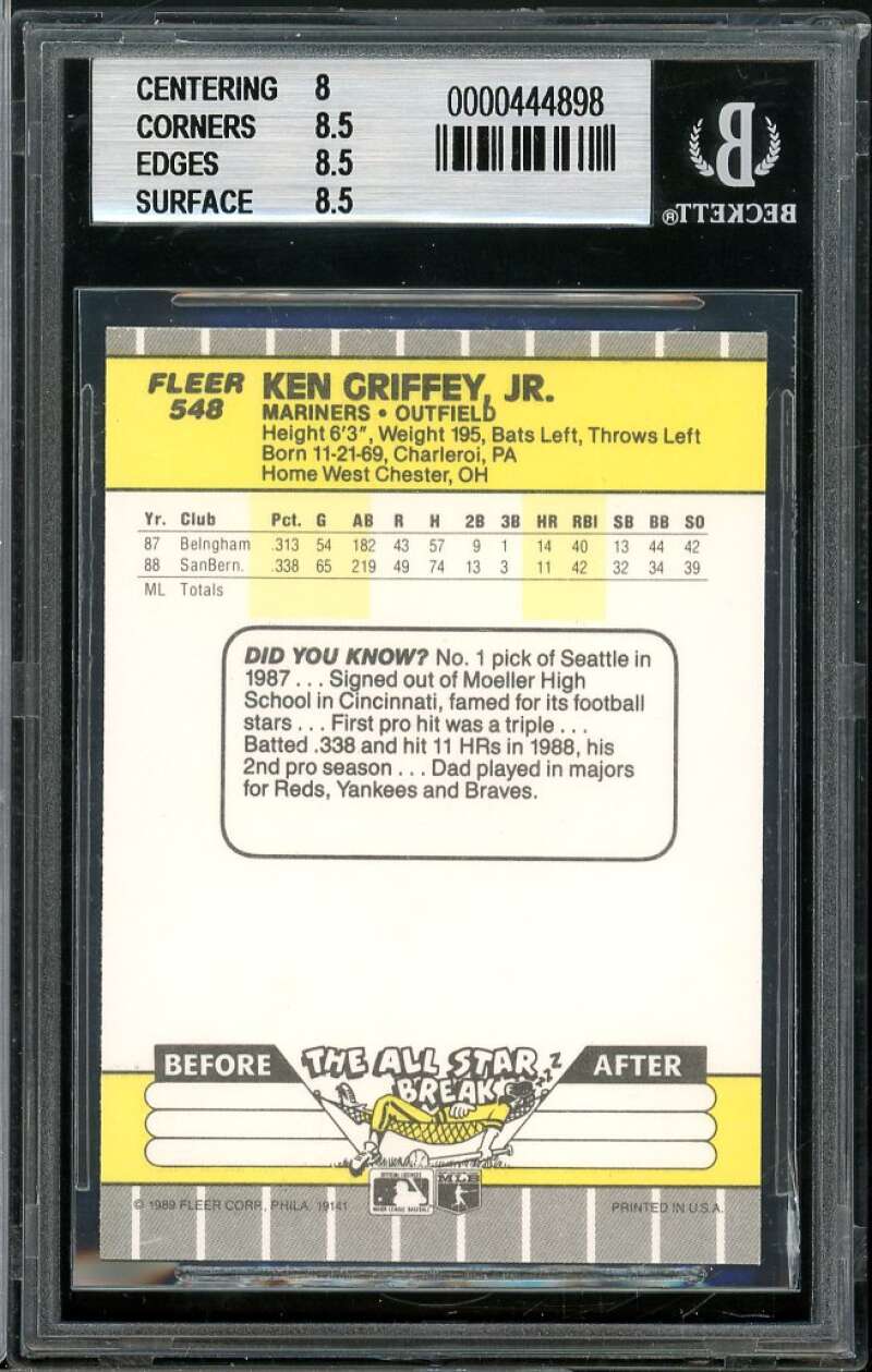 Ken Griffey Jr. Rookie Card 1989 Fleer #548 BGS 8.5 (8 8.5 8.5 8.5) Image 2