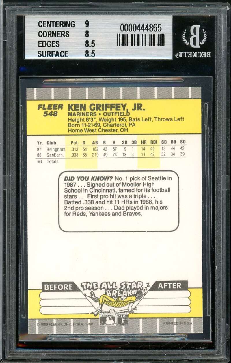 Ken Griffey Jr. Rookie Card 1989 Fleer #548 BGS 8.5 (9 8 8.5 8.5) Image 2