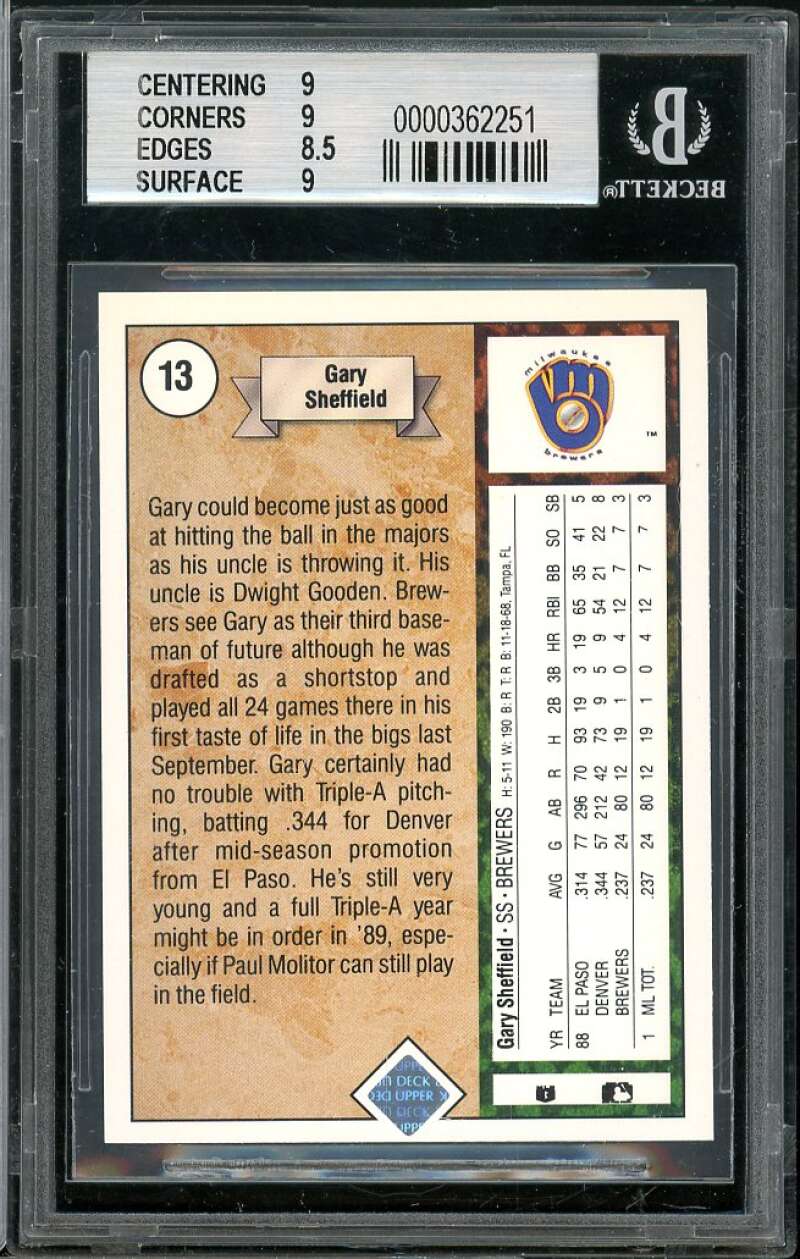 Gary Sheffield Rookie Card 1989 Upper Deck #13 BGS 9 (9 9 8.5 9) Image 2