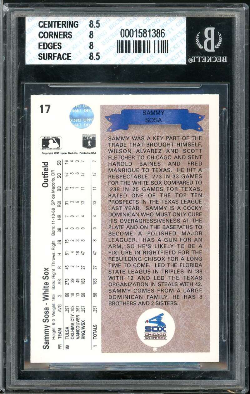 Sammy Sosa Rookie Card 1990 Upper Deck #17 BGS 8 (8.5 8 8 8.5) Image 2