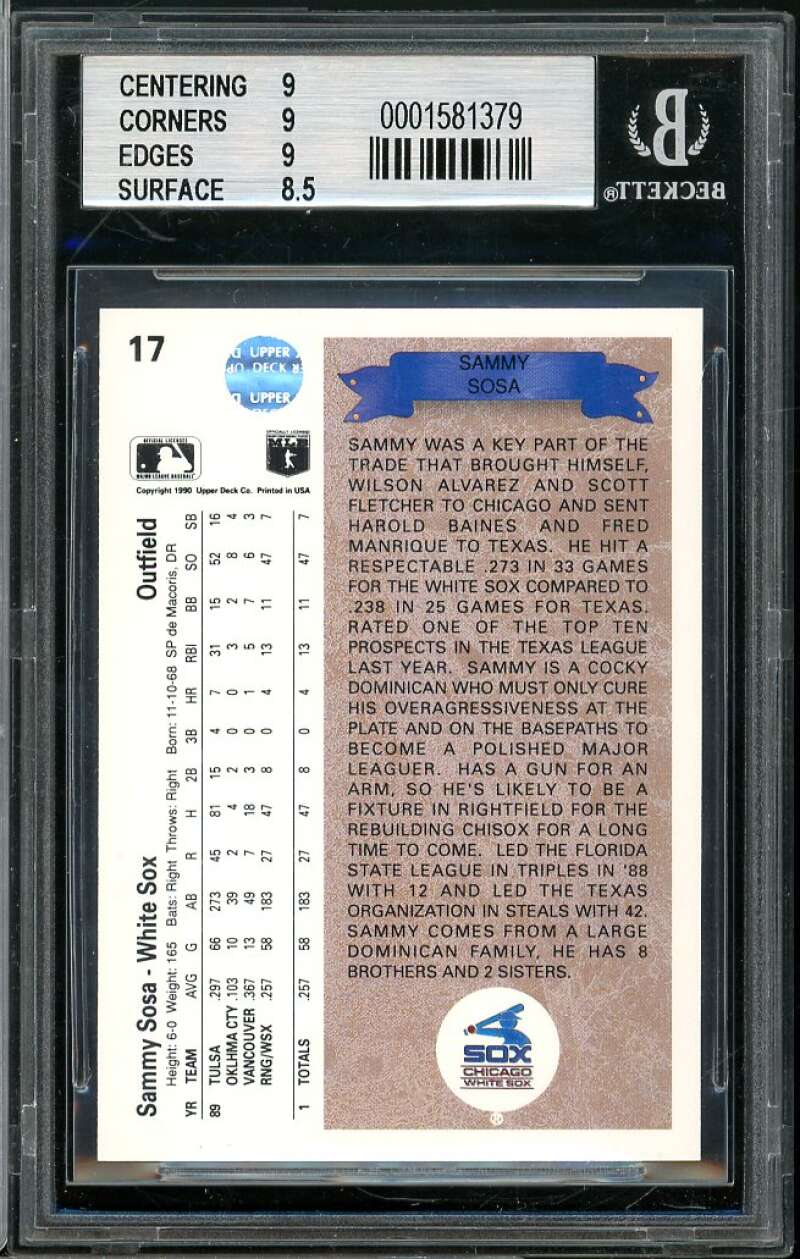 Sammy Sosa Rookie Card 1990 Upper Deck #17 BGS 9 (9 9 9 8.5) Image 2