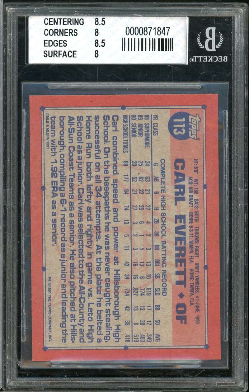 Carl Everett Rookie Card 1991 Topps #113 BGS 8 (8.5 8 8.5 8) Image 2