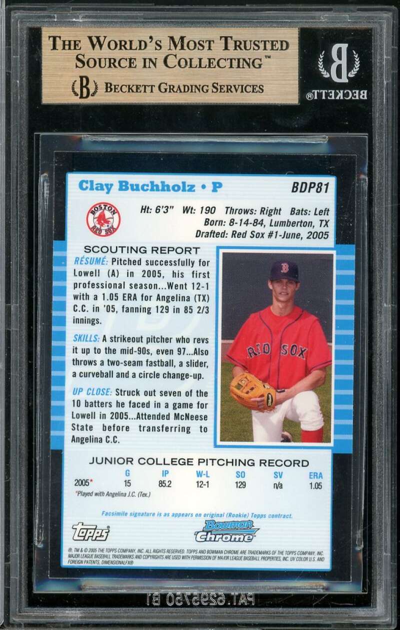 Clay Buchholz Rookie 2005 Bowman Draft Picks Chrome #81 BGS 9.5 (9 9.5 9.5 9.5) Image 2