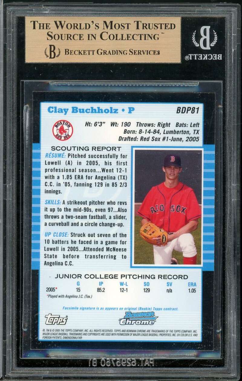 Clay Buchholz Rookie 2005 Bowman Draft Picks Chrome #81 BGS 9.5 (9.5 9 9.5 9.5) Image 2