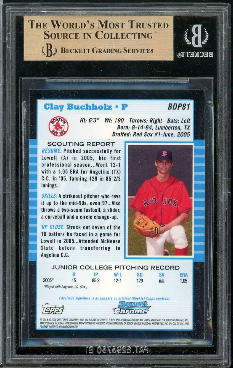 Clay Buchholz Rookie 2005 Bowman Draft Picks Chrome #81 BGS 9.5 (9.5 9 9.5 9.5) Image 2