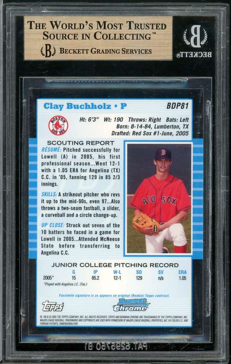 Clay Buchholz Rookie 2005 Bowman Draft Picks Chrome #81 BGS 9.5 (9.5 9 9.5 9.5) Image 2