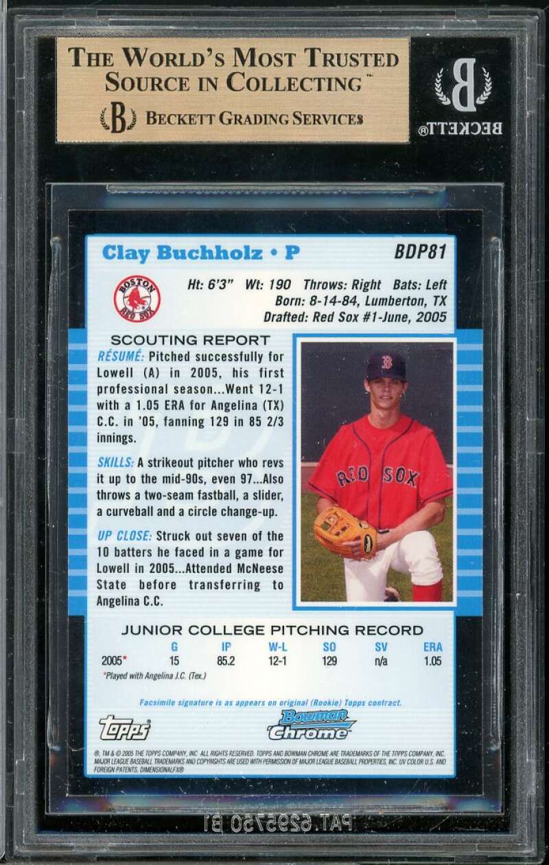 Clay Buchholz Rookie 2005 Bowman Draft Picks Chrome #81 BGS 9.5 (9 9.5 10 9.5) Image 2