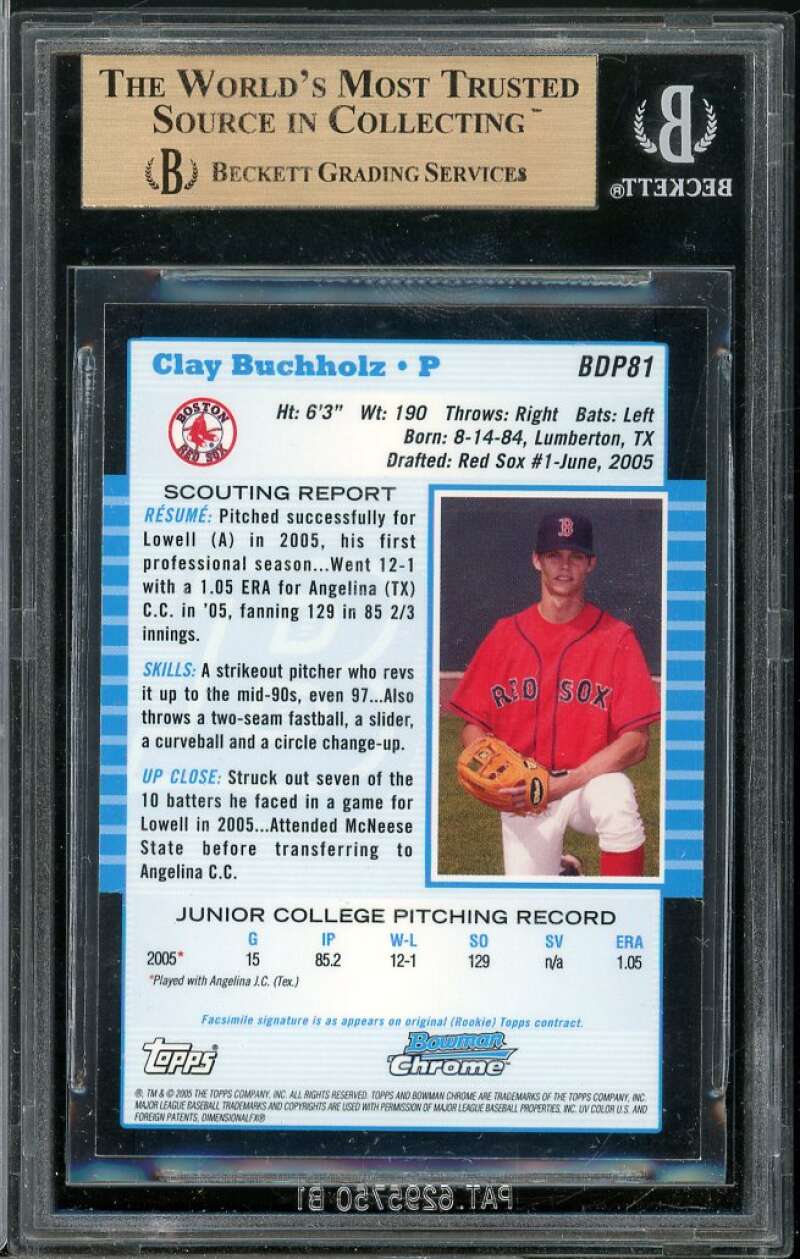 Clay Buchholz Rookie 2005 Bowman Draft Picks Chrome #81 BGS 9.5 (9.5 9 9.5 10) Image 2