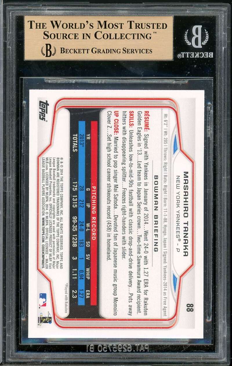 Masahiro Tanaka Rookie Card 2014 Bowman #88 BGS 9.5 (10 9 9.5 10) Image 2