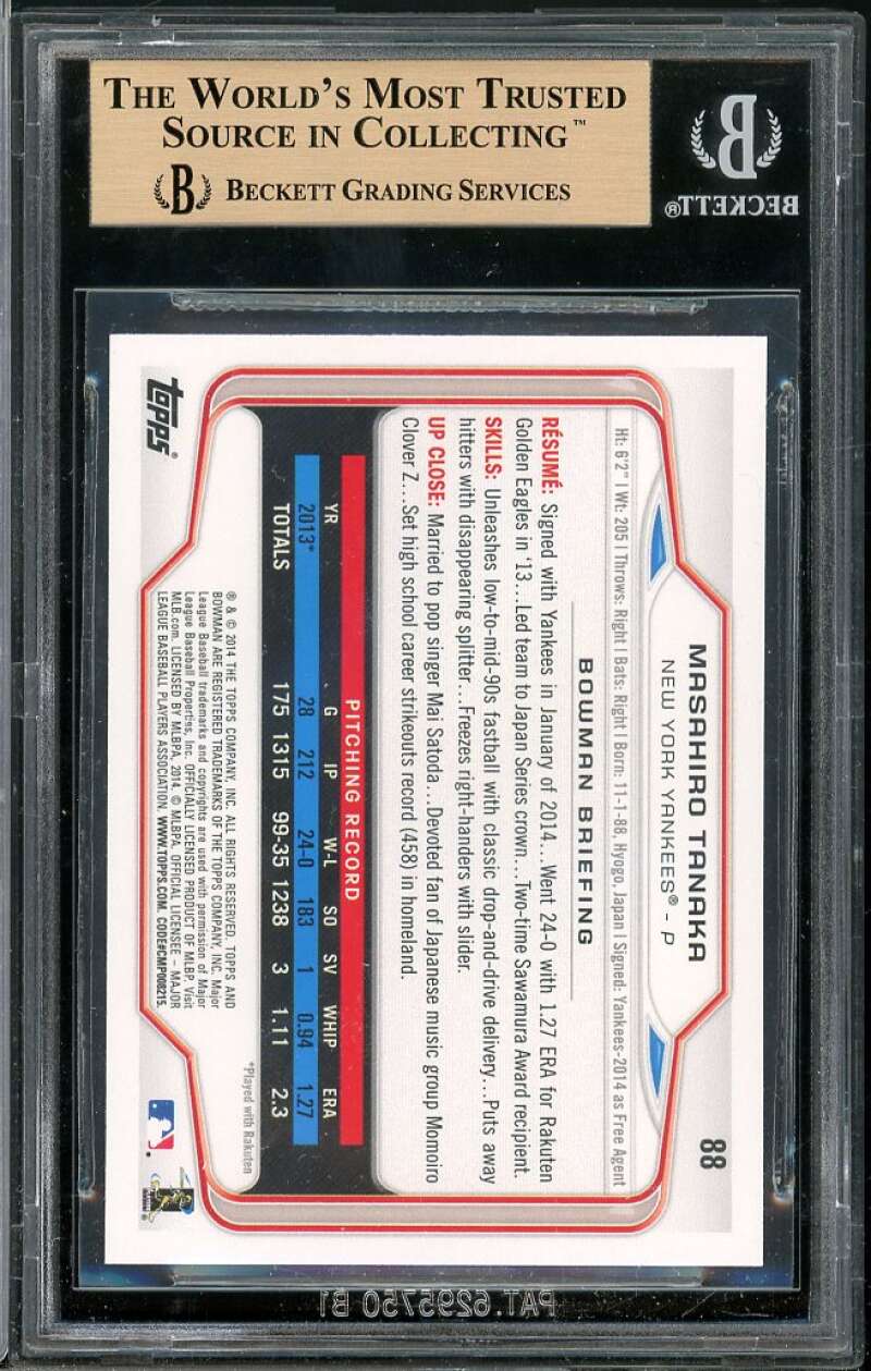 Masahiro Tanaka Rookie Card 2014 Bowman #88 BGS 9.5 (9.5 9.5 9.5 10) Image 2