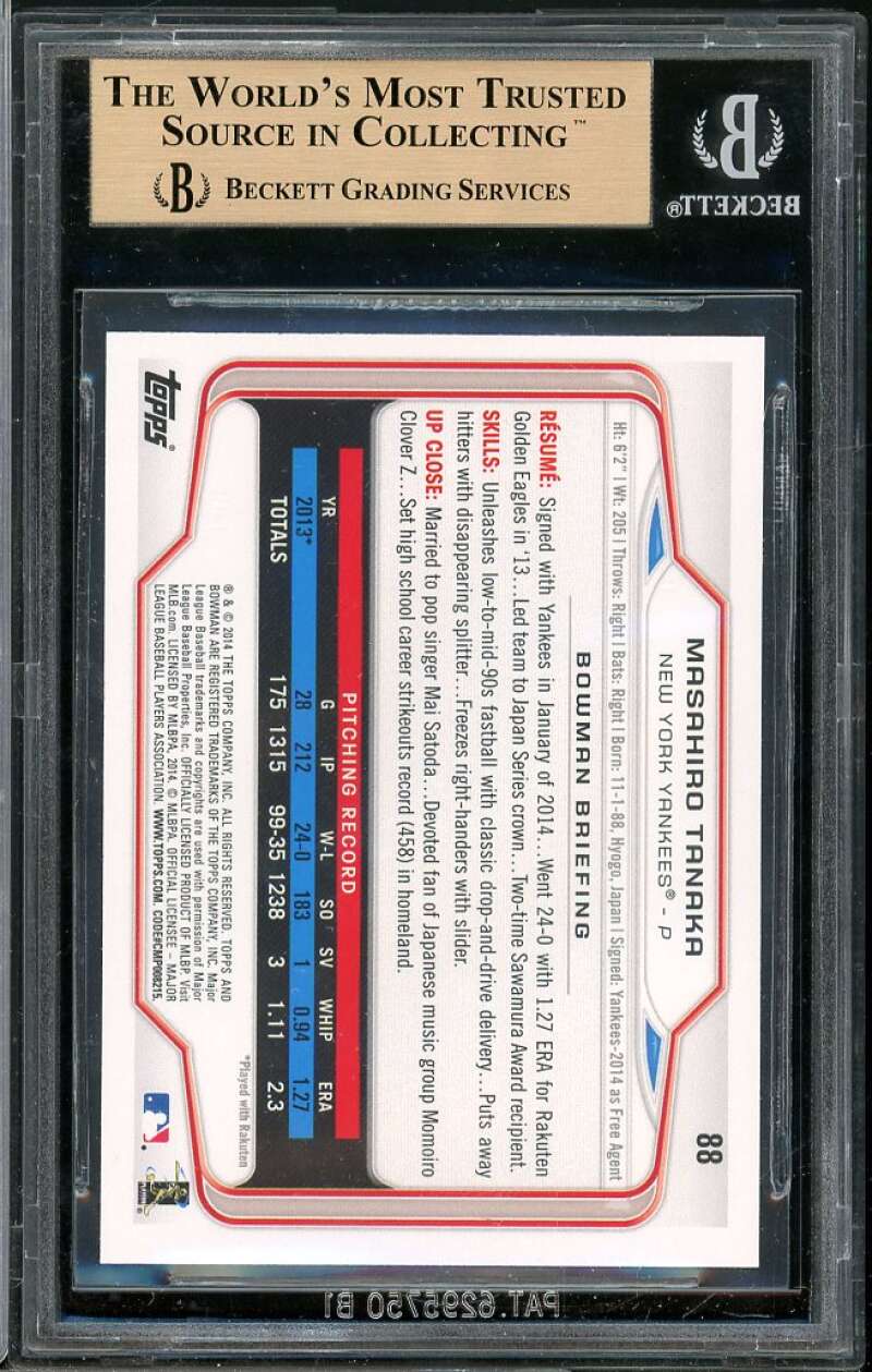 Masahiro Tanaka Rookie Card 2014 Bowman #88 BGS 9.5 (9.5 9.5 9.5 10) Image 2