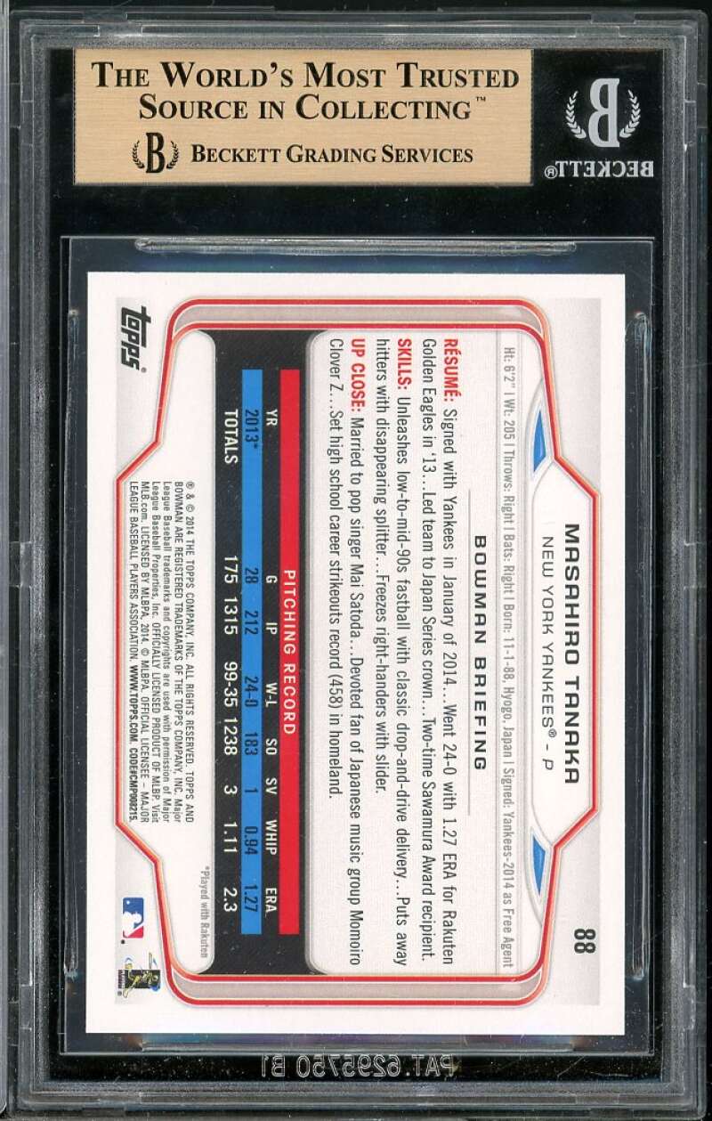 Masahiro Tanaka Rookie Card 2014 Bowman #88 BGS 9.5 (9.5 9 9.5 10) Image 2