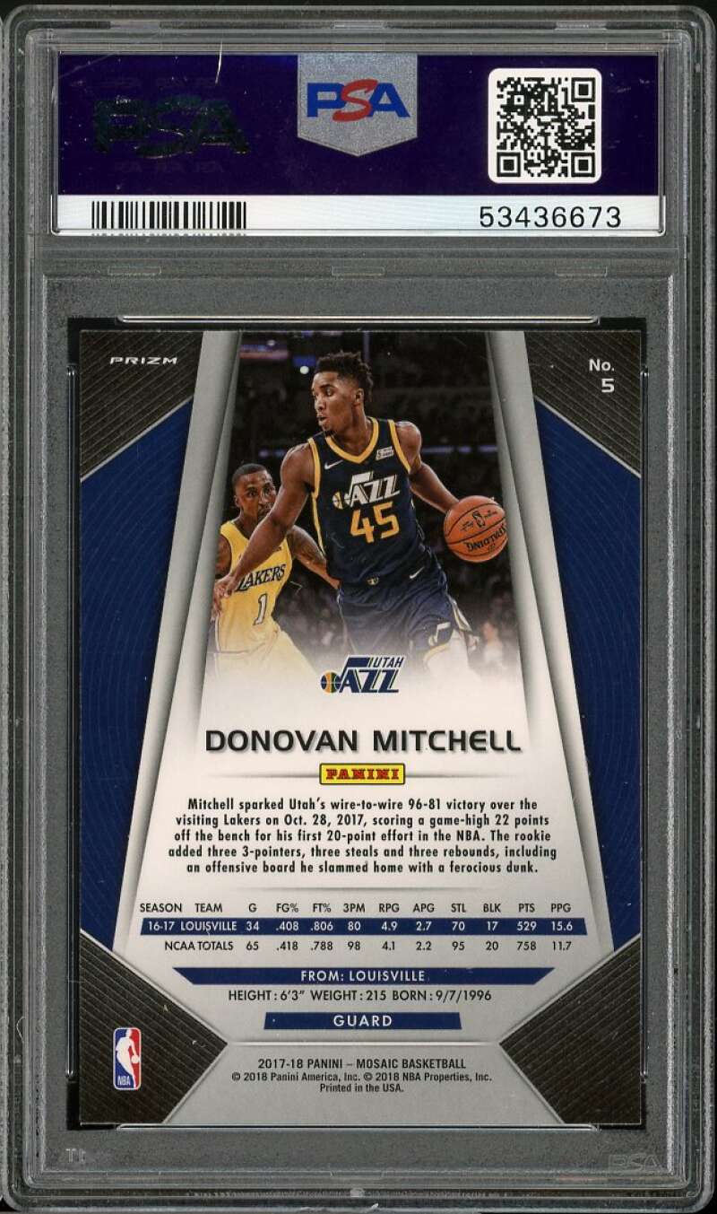 Donovan Mitchell Rookie Card 2017-18 Panini Prizm Mosaic #5 PSA 9 Image 2