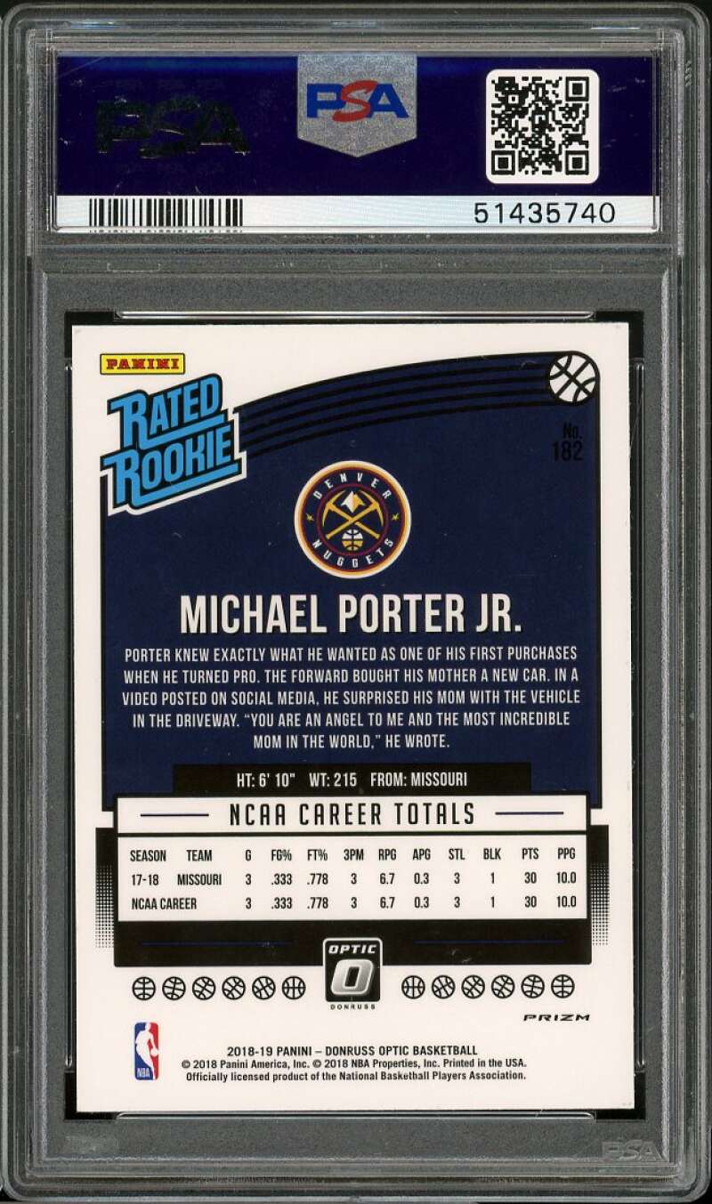 Michael Porter Rookie Card 2018-19 Panini Donruss Optic Shock #182 PSA 9 Image 2