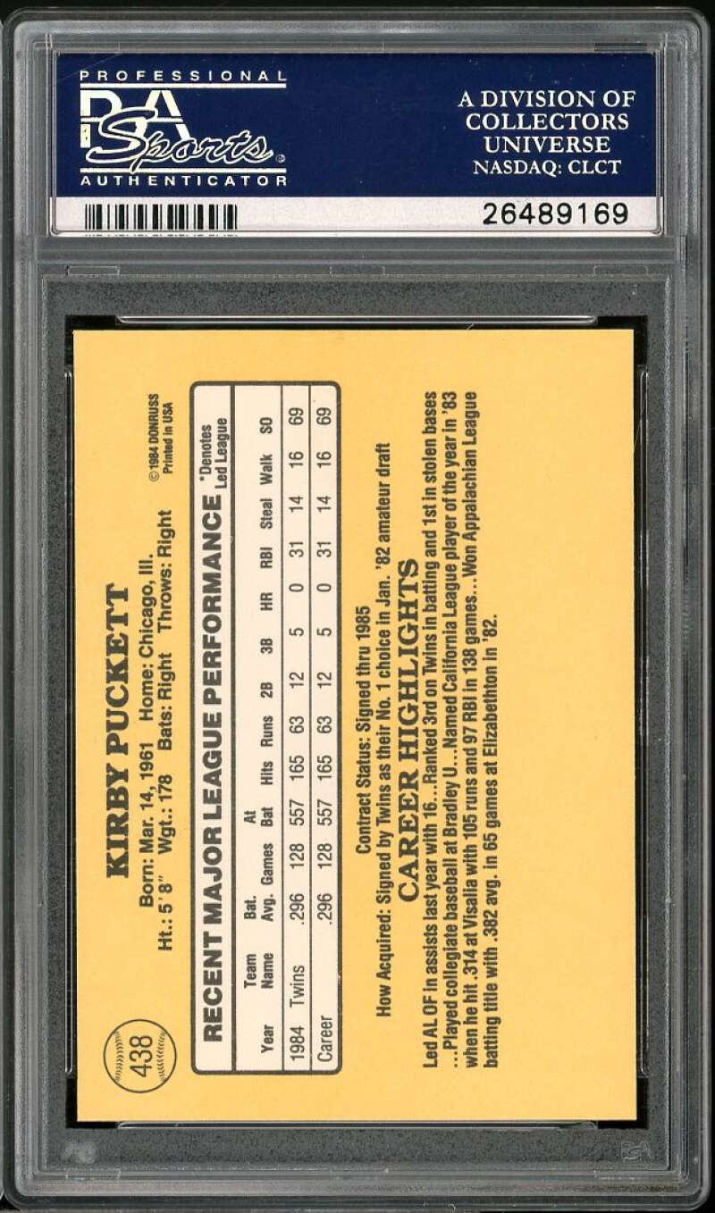 Kirby Puckett Rookie Card 1985 Donruss #438 PSA 9 Image 2