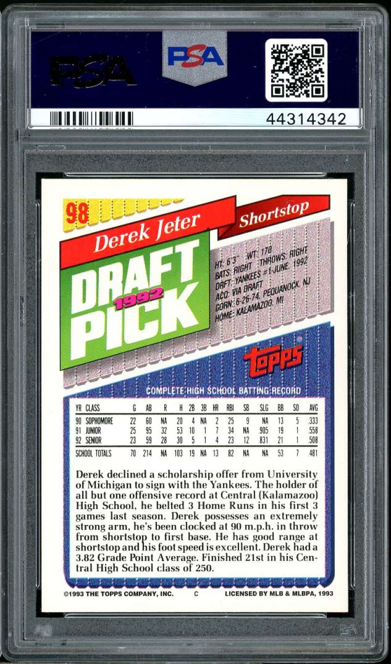 Derek Jeter Rookie Card 1993 Topps Gold #98 PSA 9 Image 2