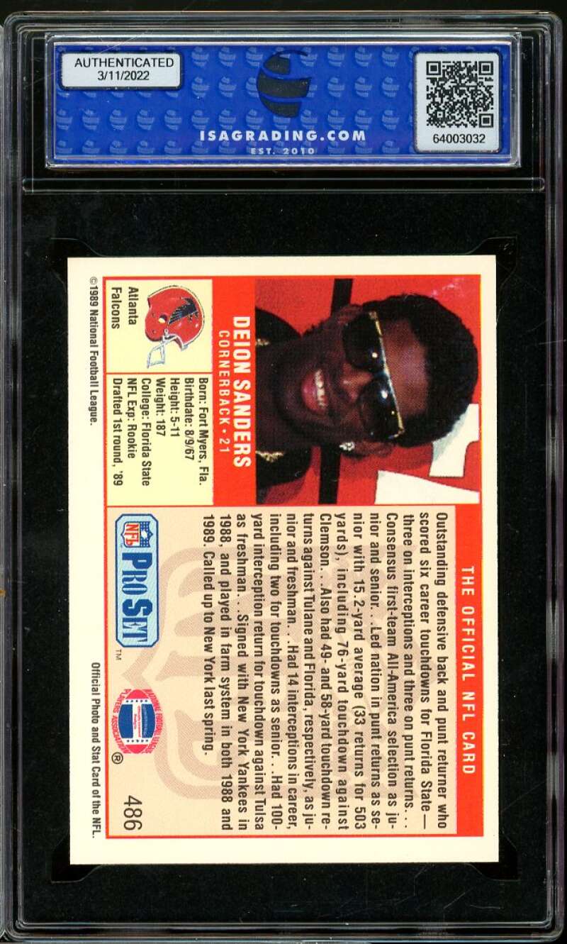 Deion Sanders Rookie Card 1989 Pro Set #486 ISA 9 MINT Image 2