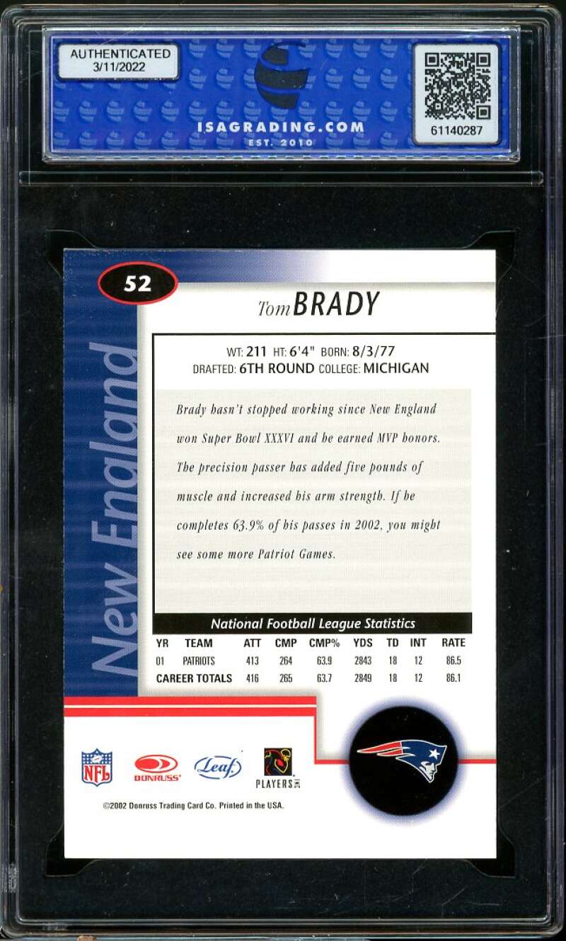 Tom Brady Card 2002 Leaf Certified #52 ISA 9 MINT Image 2