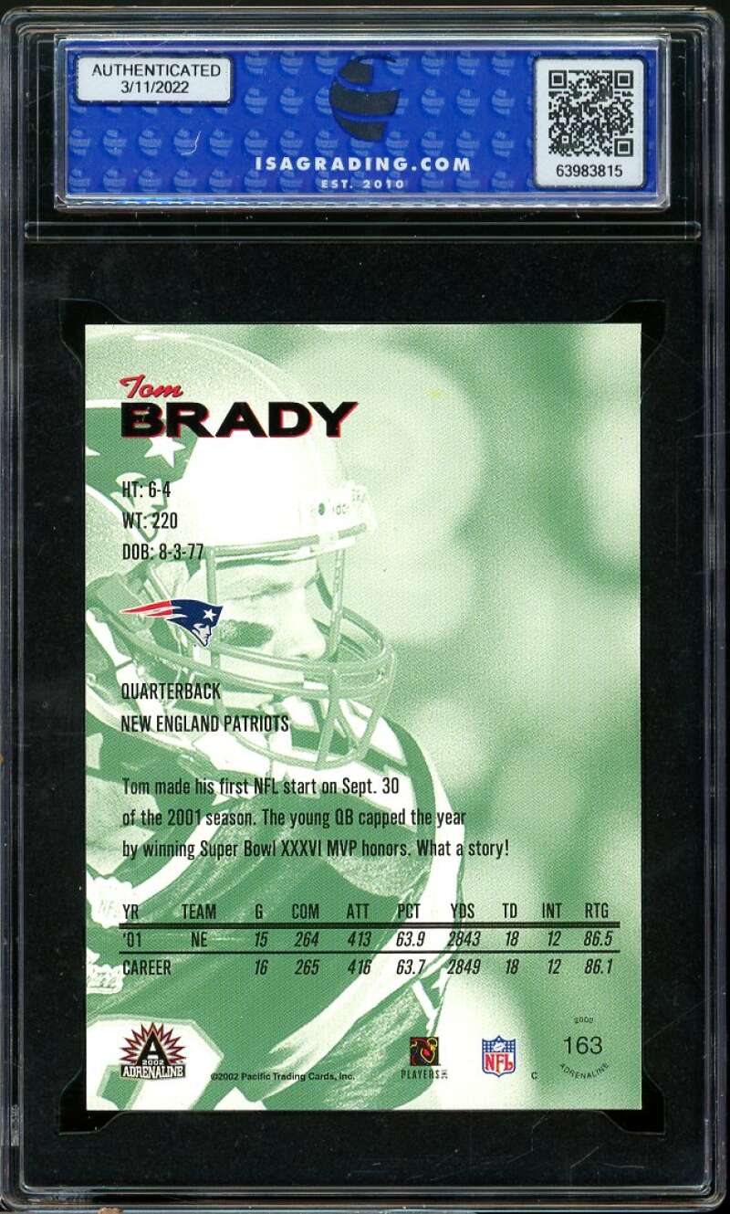 Tom Brady Card 2002 Pacific Adrenaline #163 ISA 9 MINT Image 2