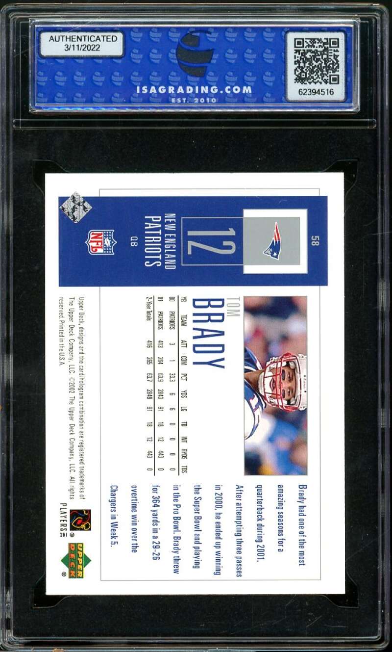 Tom Brady Card 2002 UD Piece of History #58 ISA 9 MINT Image 2