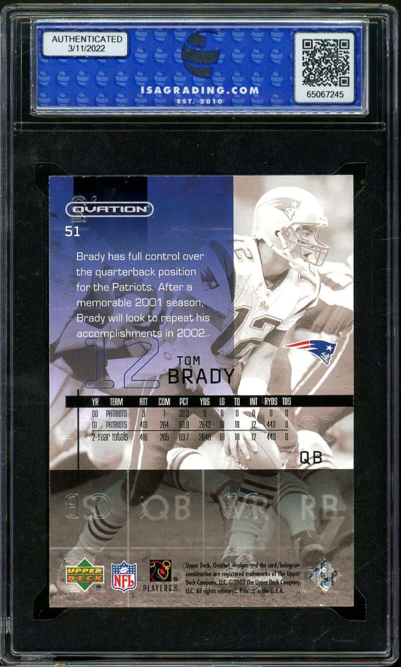 Tom Brady Card 2002 Upper Deck Ovation #51 ISA 9 MINT Image 2